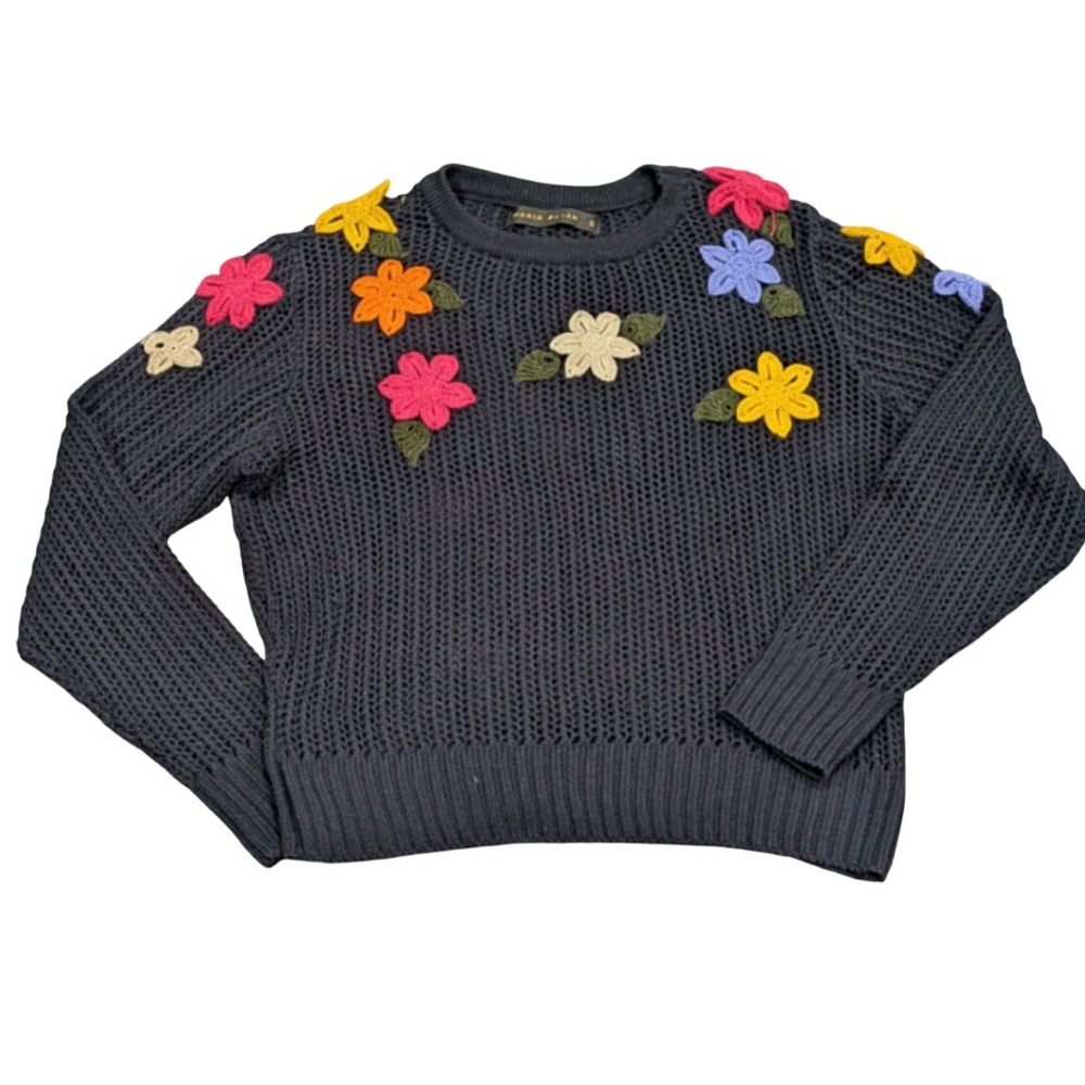 $298 MARIA PAVAN Dark Navy‎ Crochet Knit Floral Sweater Cottage Size G or LARGE